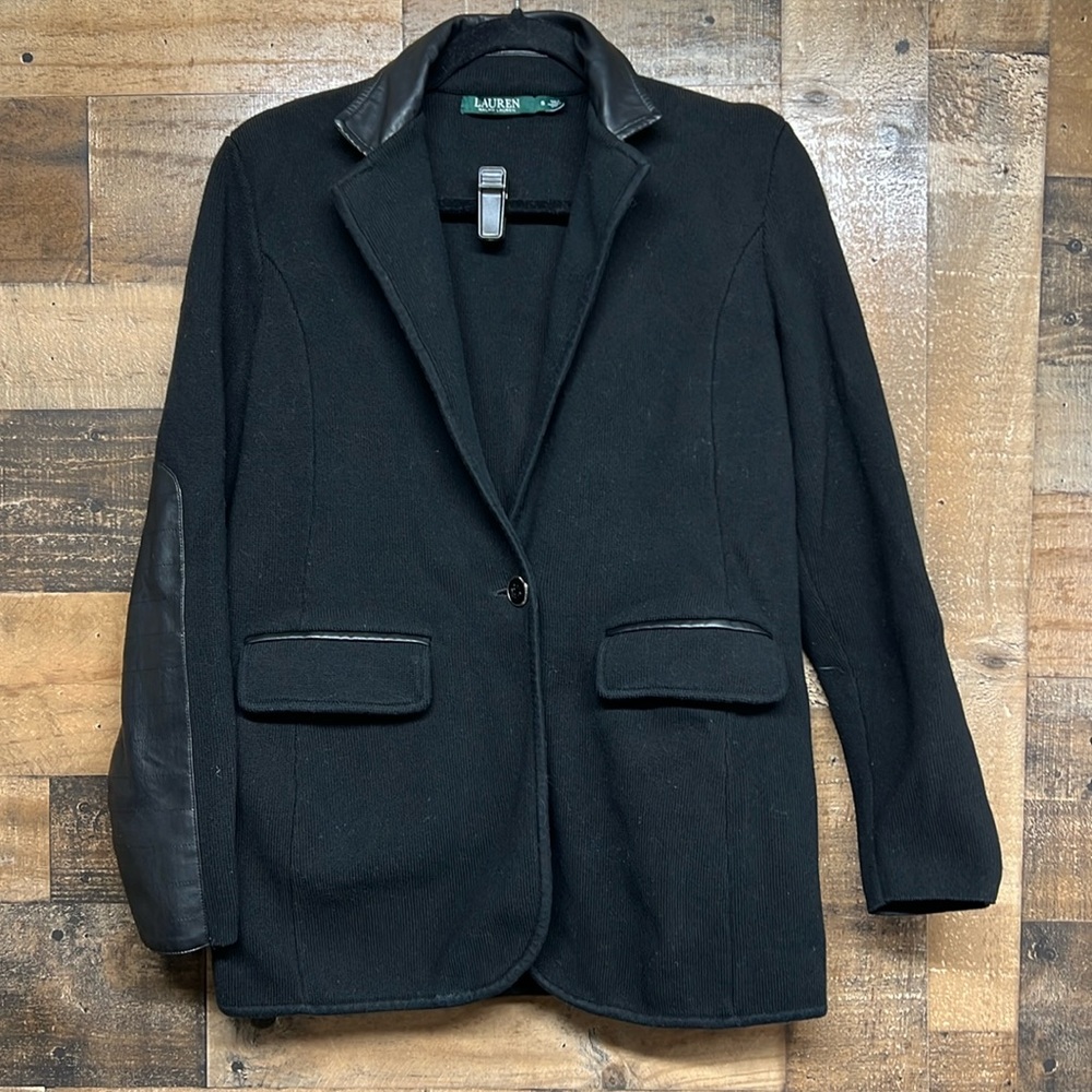 Lauren Ralph Lauren Black Faux Leather-Trim Knit Blazer Women's Size Small